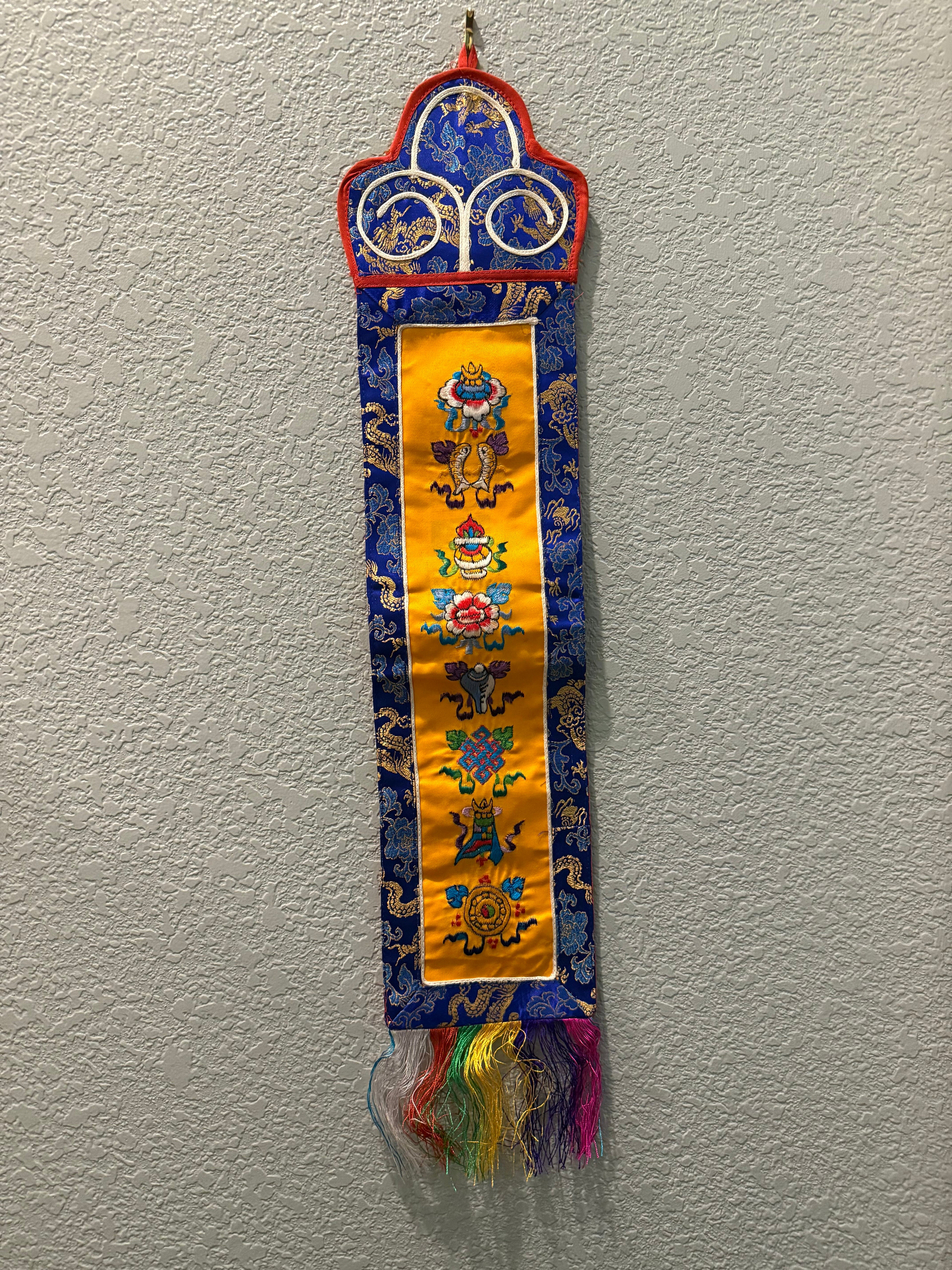 Tibetan Buddhist 8 Lucky Symbols silk wall hanging banner, blue border with yellow center panel and ornate crown top