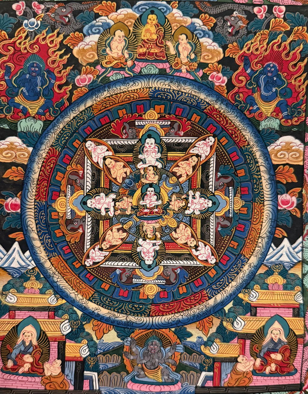 Unframed Tibetan Buddhist Mandala Thangka Painting with 24K Gold Accent | 9.5" x 8" | Himalayan Spiritual Art