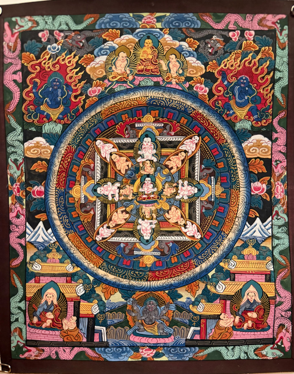 Unframed Tibetan Buddhist Mandala Thangka Painting with 24K Gold Accent | 9.5" x 8" | Himalayan Spiritual Art
