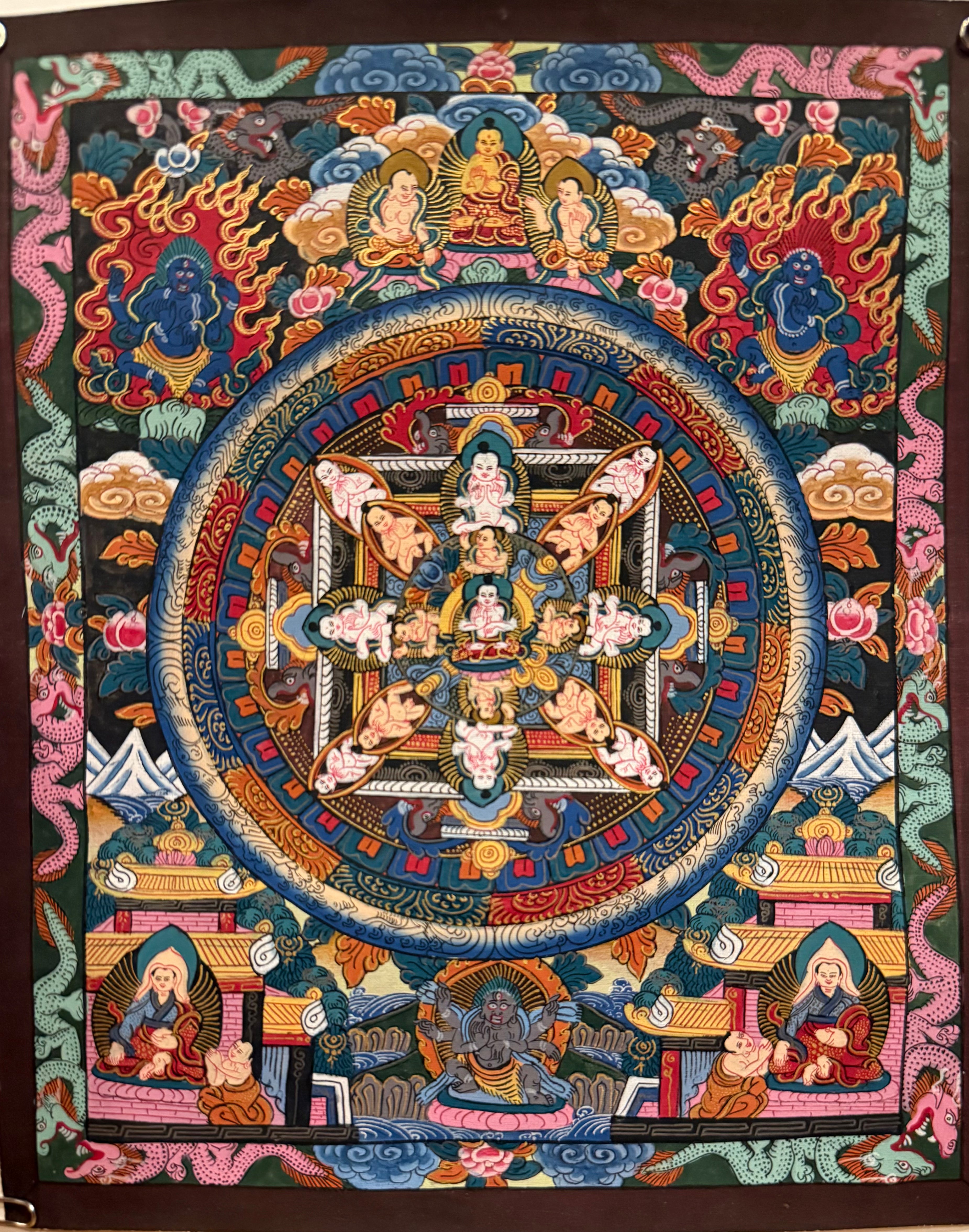 Unframed Tibetan Buddhist Mandala Thangka Painting with 24K Gold Accent | 9.5" x 8" | Himalayan Spiritual Art