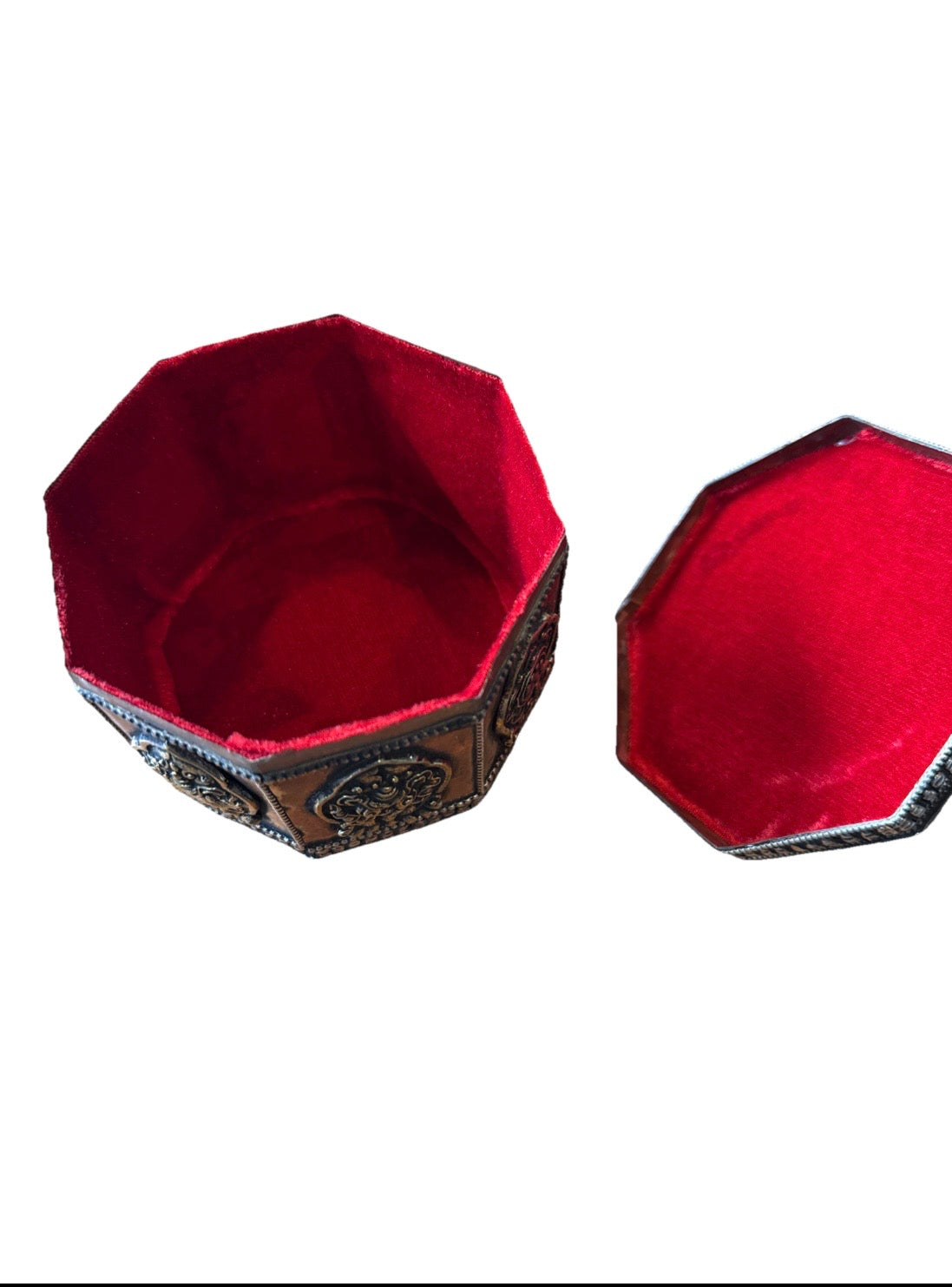 Tibetan Copper & Brass Offering Box | Octagonal Prayer Box with Dorje Finial | Turquoise & Coral Gems | Auspicious Symbol Buddhist Ritual Vessel | Nepal