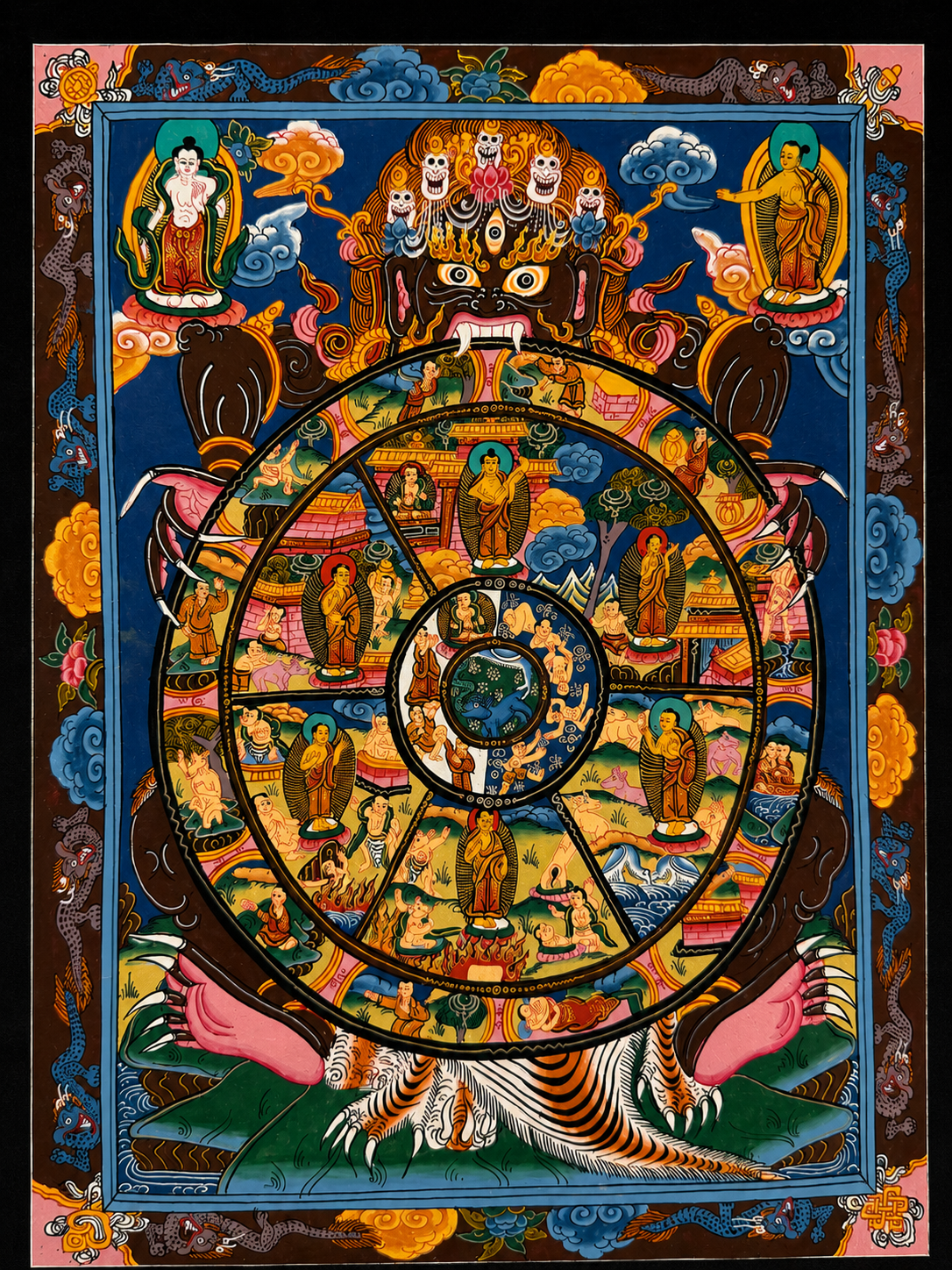 Unframed Vintage Tibetan Wheel of Life Thangka | Bhavachakra | 24K Gold | 10.5" × 8.2"