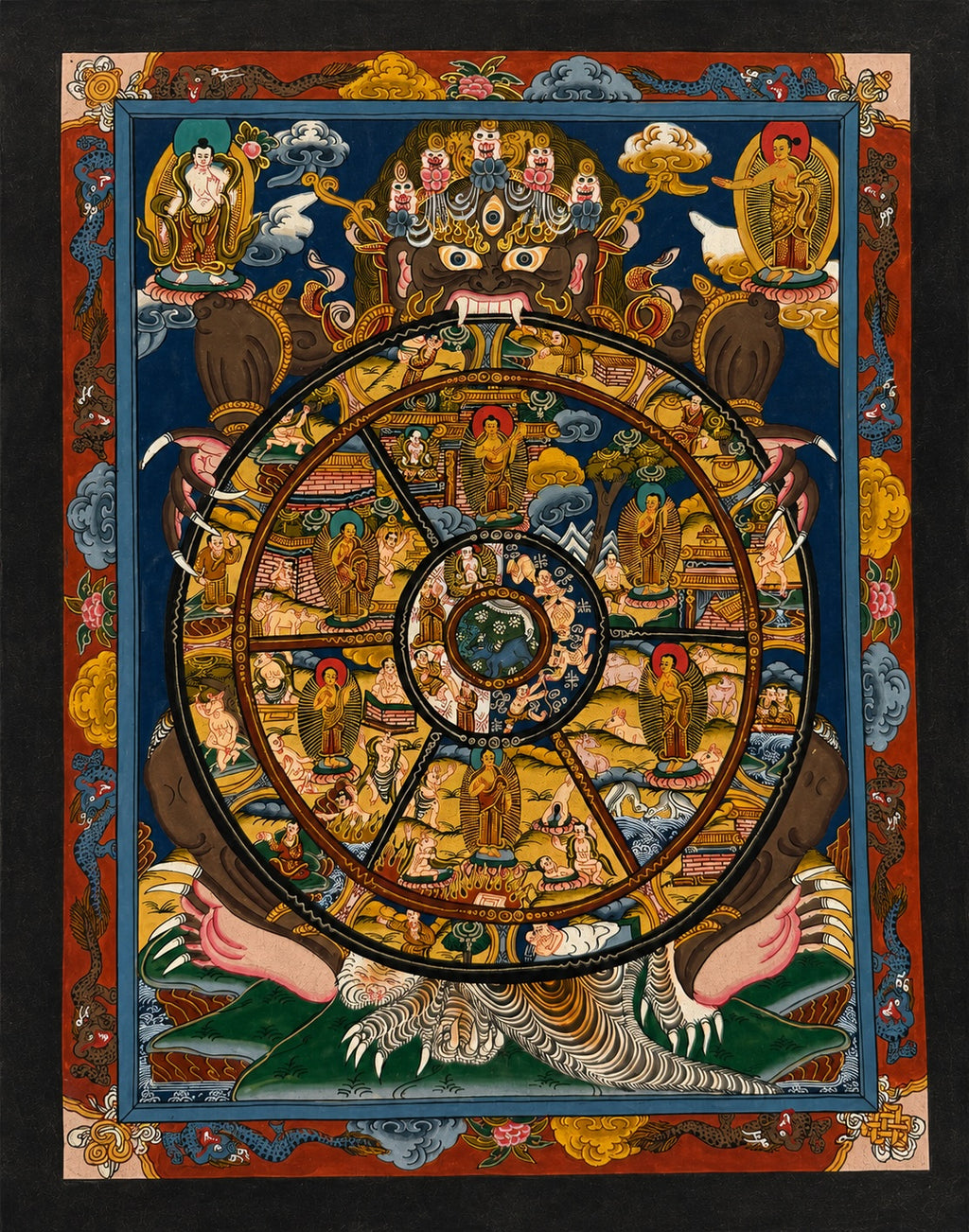 Unframed Vintage Tibetan Wheel of Life Thangka | Bhavachakra | 24K Gold | 10.5" × 8.2"
