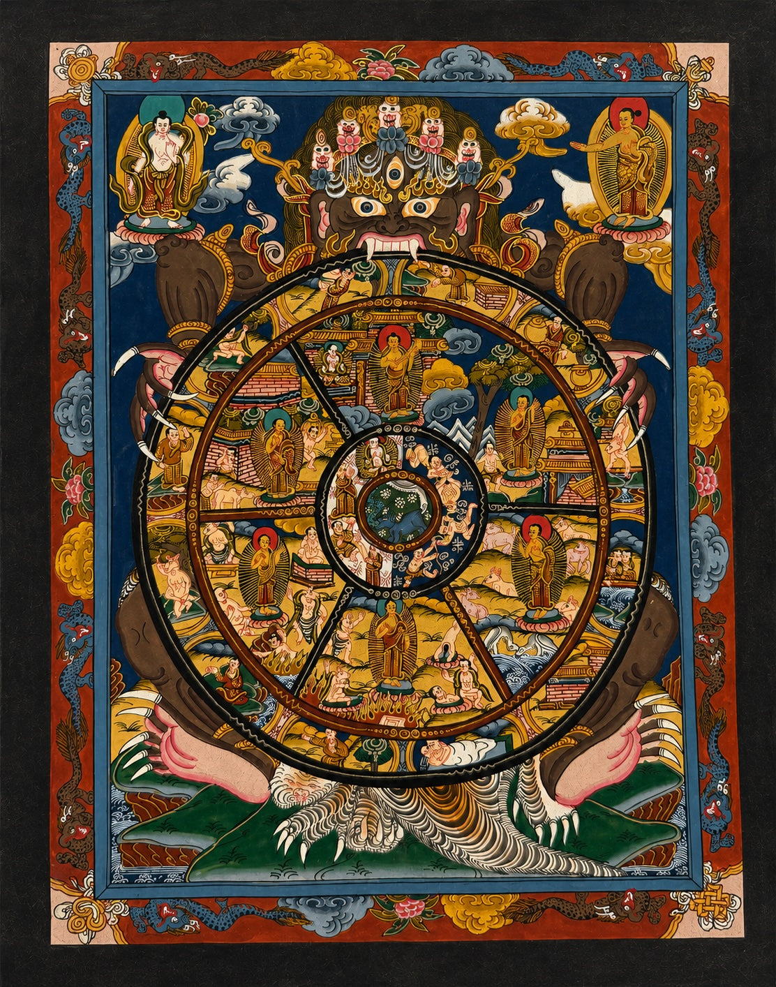 Unframed Vintage Tibetan Wheel of Life Thangka | Bhavachakra | 24K Gold | 10.5" × 8.2"