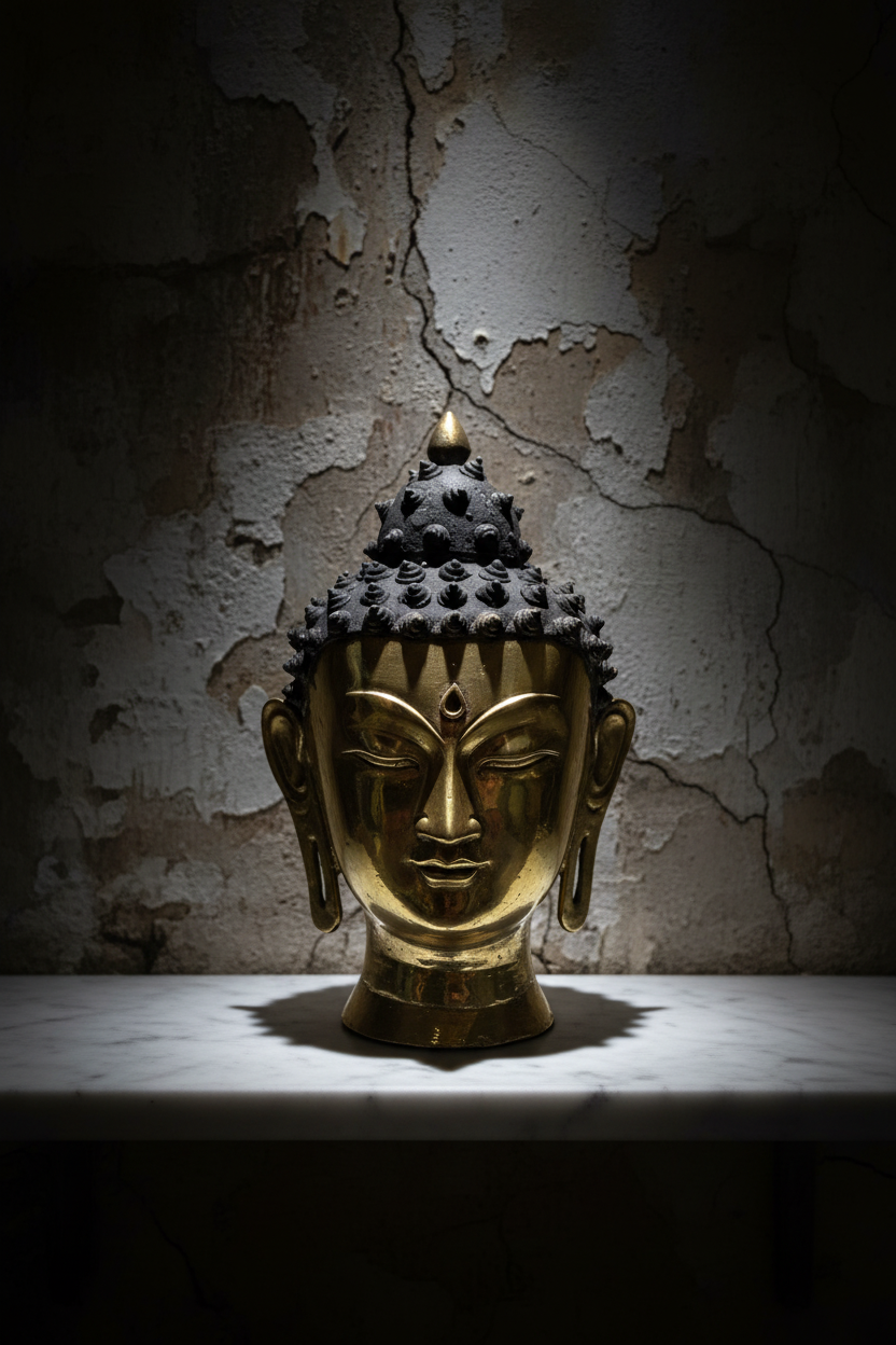 8" Shakyamuni Buddha Head Statue | Polished Brass | Hand-Painted Eyes & Lips | Nepalese Buddhist Sculpture | Altar & Sacred Decor