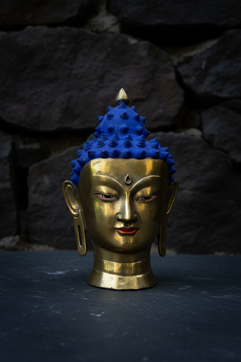 8" Shakyamuni Buddha Head Statue | Polished Brass | Hand-Painted Eyes & Lips | Nepalese Buddhist Sculpture | Altar & Sacred Decor