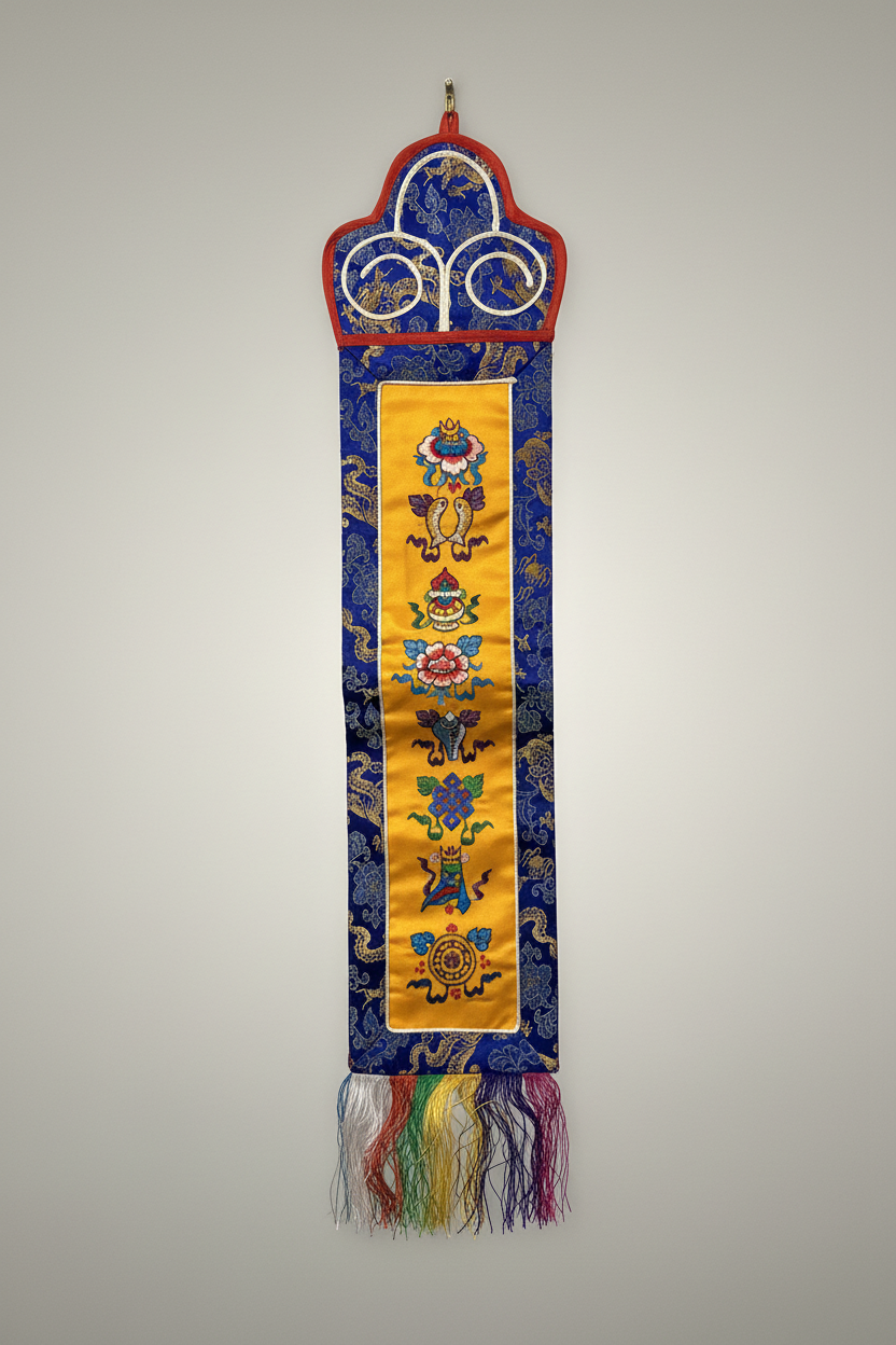 100% Silk Tibetan Buddhist 8 Lucky Symbols Wall Hanging Banner (19" x 5.5")