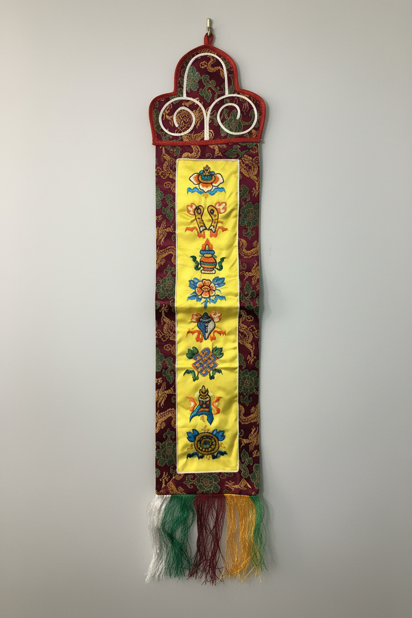 100% Silk Tibetan Buddhist 8 Lucky Symbols Wall Hanging Banner (19" x 5.5")