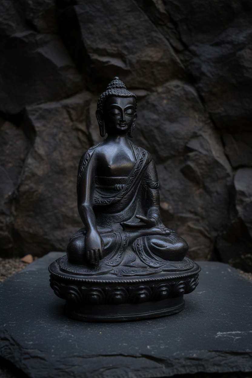 8" Shakyamuni Buddha Statue | Dark Resin Antique Bronze Finish | Bhumisparsha Mudra | Lotus Throne Base | Nepalese Buddhist Altar Sculpture