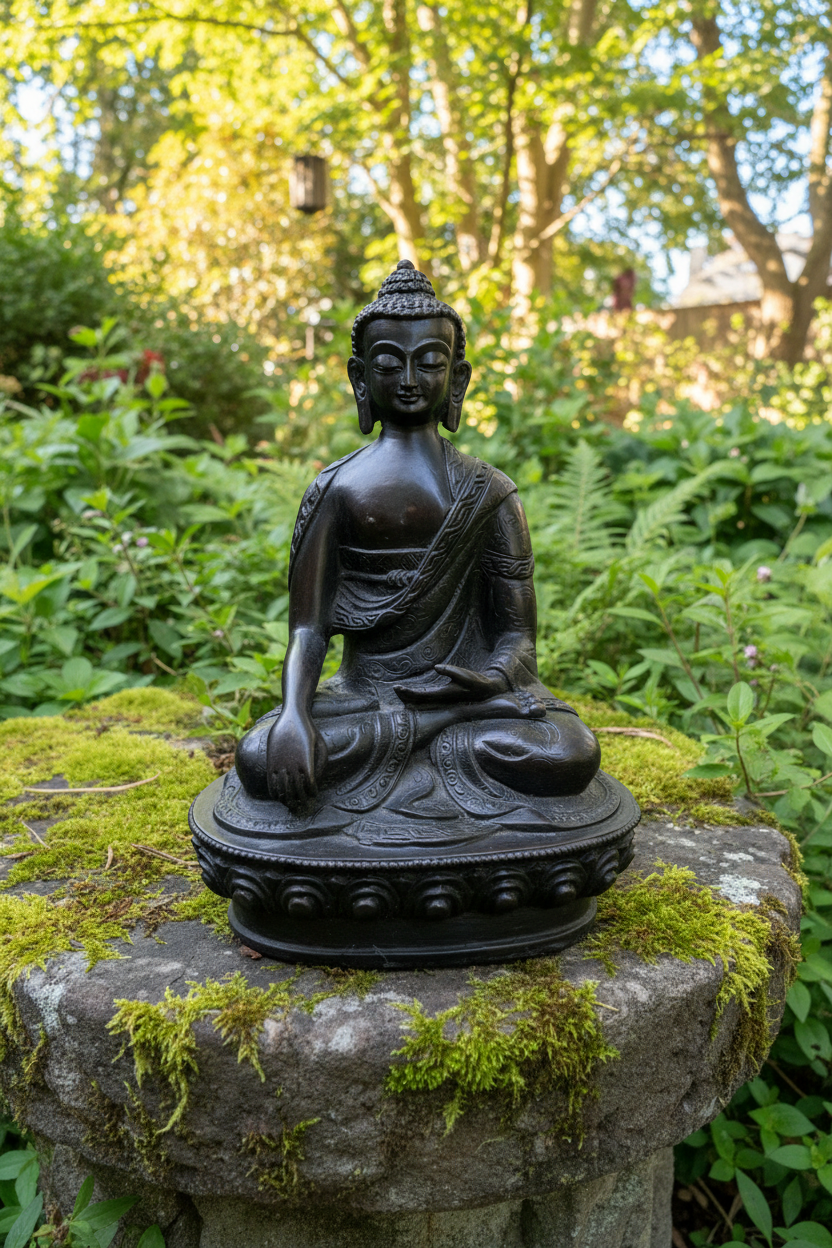 8" Shakyamuni Buddha Statue | Dark Resin Antique Bronze Finish | Bhumisparsha Mudra | Lotus Throne Base | Nepalese Buddhist Altar Sculpture