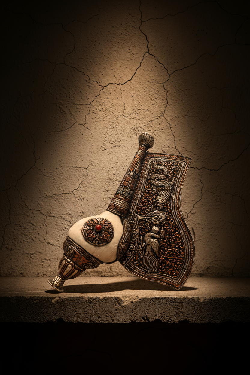 9" Tibetan Ritual Conch Shell Trumpet | Dung-Dkar Shankha | Dragon Repoussé Panel | Coral Medallion | Silver & Copper Metalwork | Buddhist Ceremonial Instrument