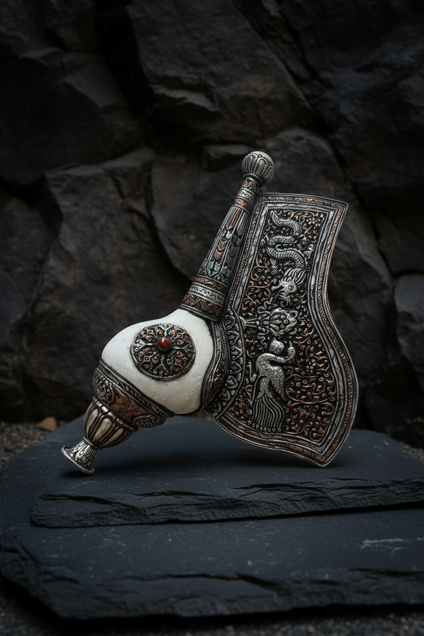 9" Tibetan Ritual Conch Shell Trumpet | Dung-Dkar Shankha | Dragon Repoussé Panel | Coral Medallion | Silver & Copper Metalwork | Buddhist Ceremonial Instrument