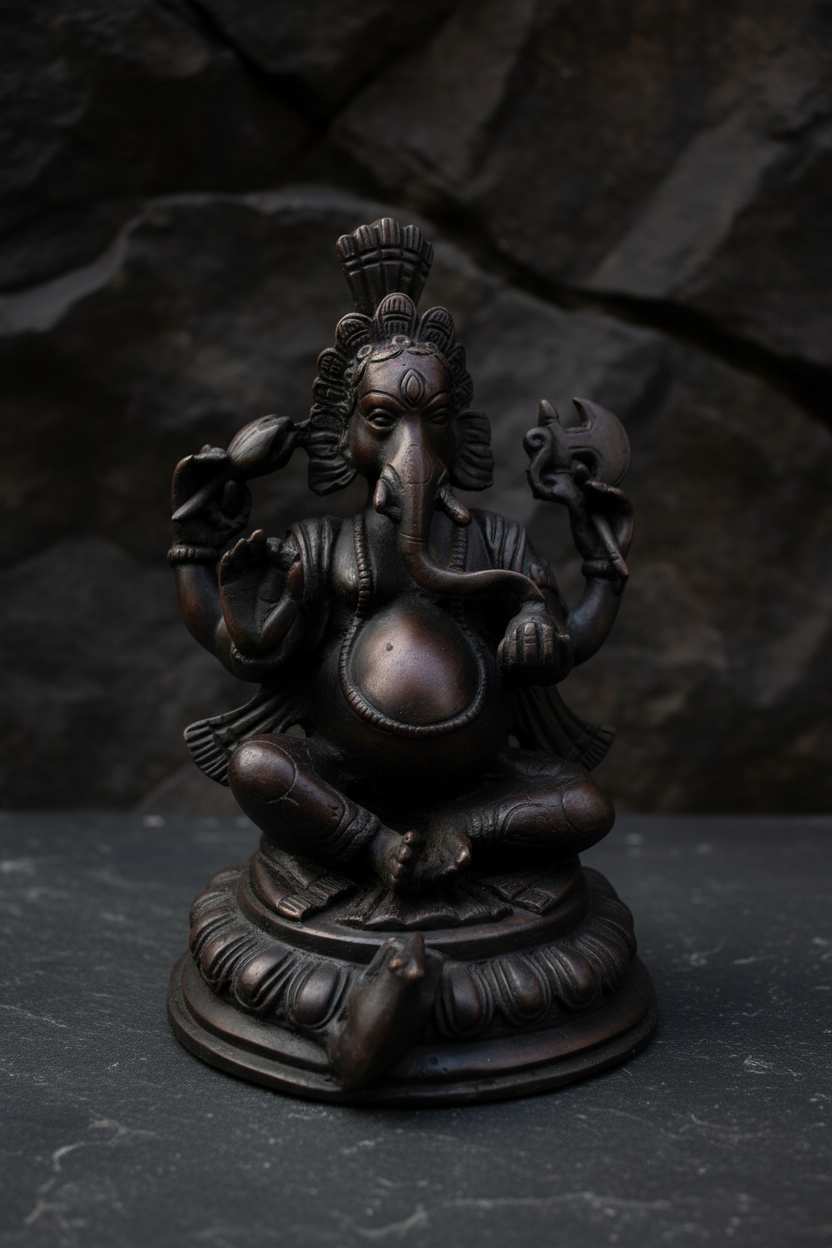 7.5" Ganesha Statue | Antique Bronze Resin Hindu Elephant God Seated on Lotus Base | Remover of Obstacles | Authentic Himalayan Sacred Art
