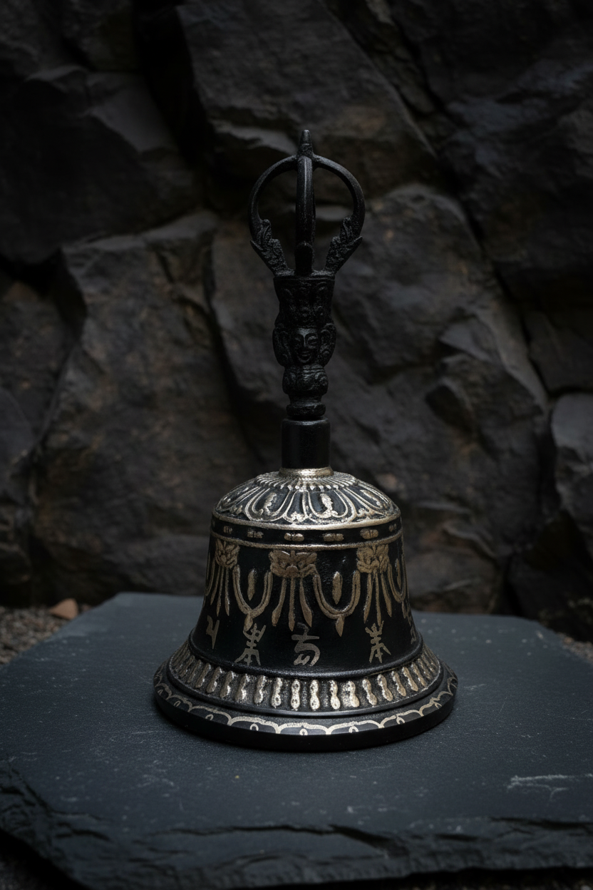 8" Tibetan Buddhist Bell & Dorje Set – Black Brass with Gold Detail Ritual Instrument