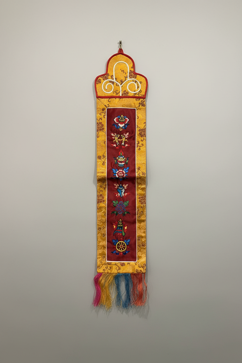 100% Silk Tibetan Buddhist 8 Lucky Symbols Wall Hanging Banner (19" x 5.5")