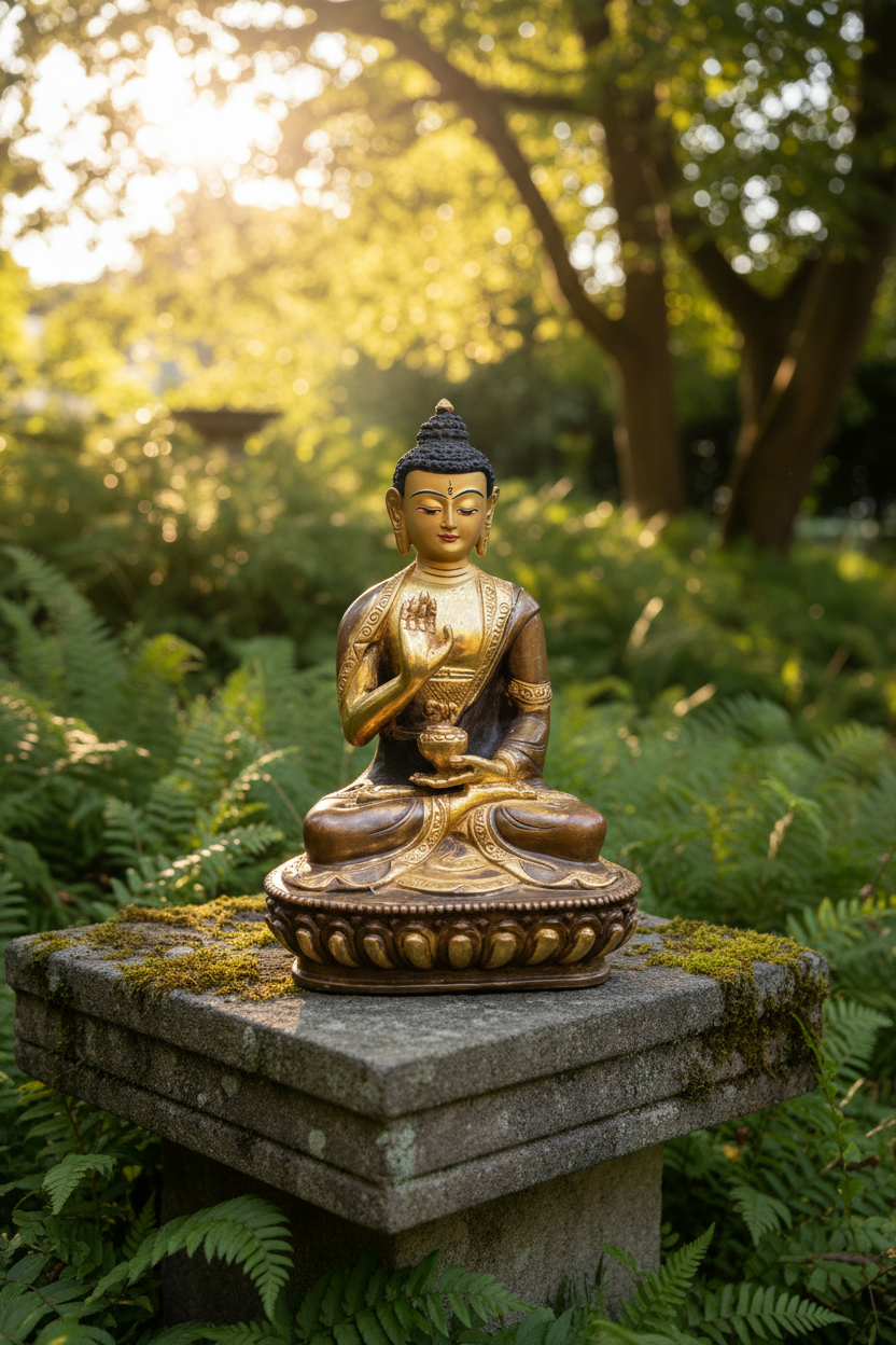5.5" Medicine Buddha Statue | Handcrafted Brass | Gilt Gold & Copper Two-Tone | Varada Mudra with Medicine Bowl | Nepalese Healing Deity Altar Piece