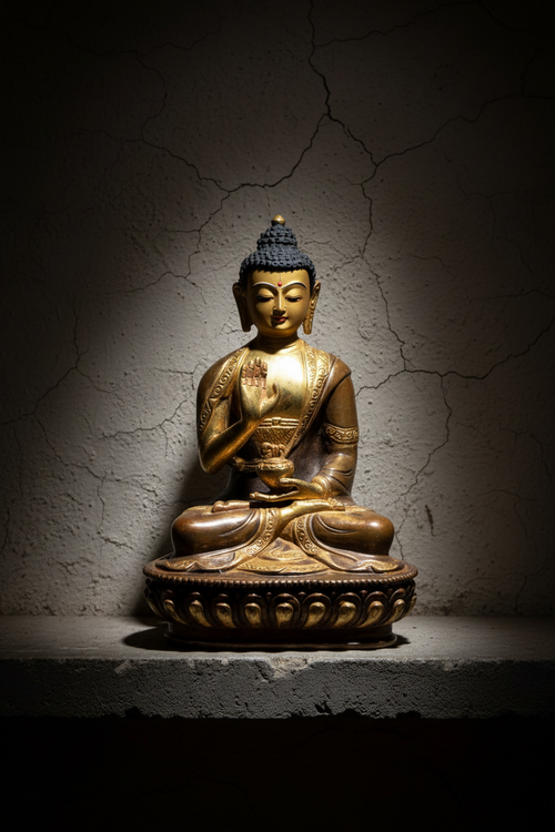 5.5" Medicine Buddha Statue | Handcrafted Brass | Gilt Gold & Copper Two-Tone | Varada Mudra with Medicine Bowl | Nepalese Healing Deity Altar Piece