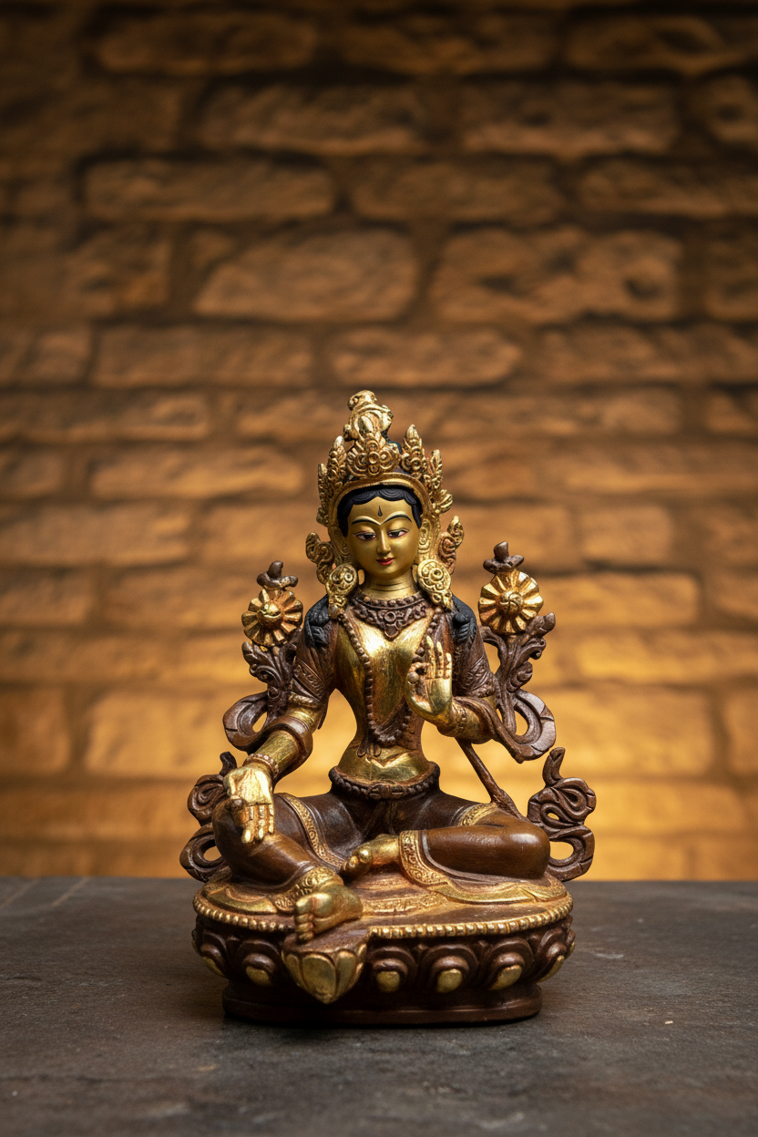 Green Tara Statue – Clean Monastery Background