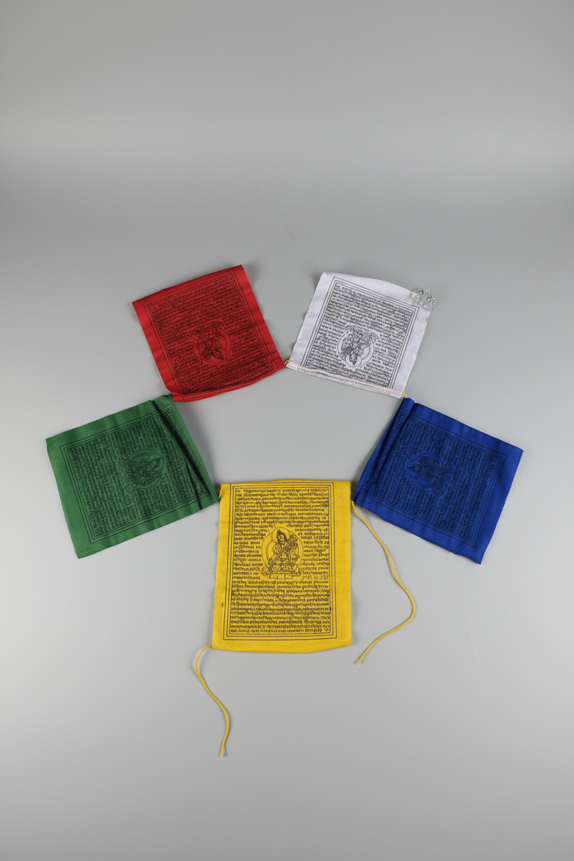 Five Tibetan prayer flags in red, white, green, yellow and blue fanned out, grey studio background