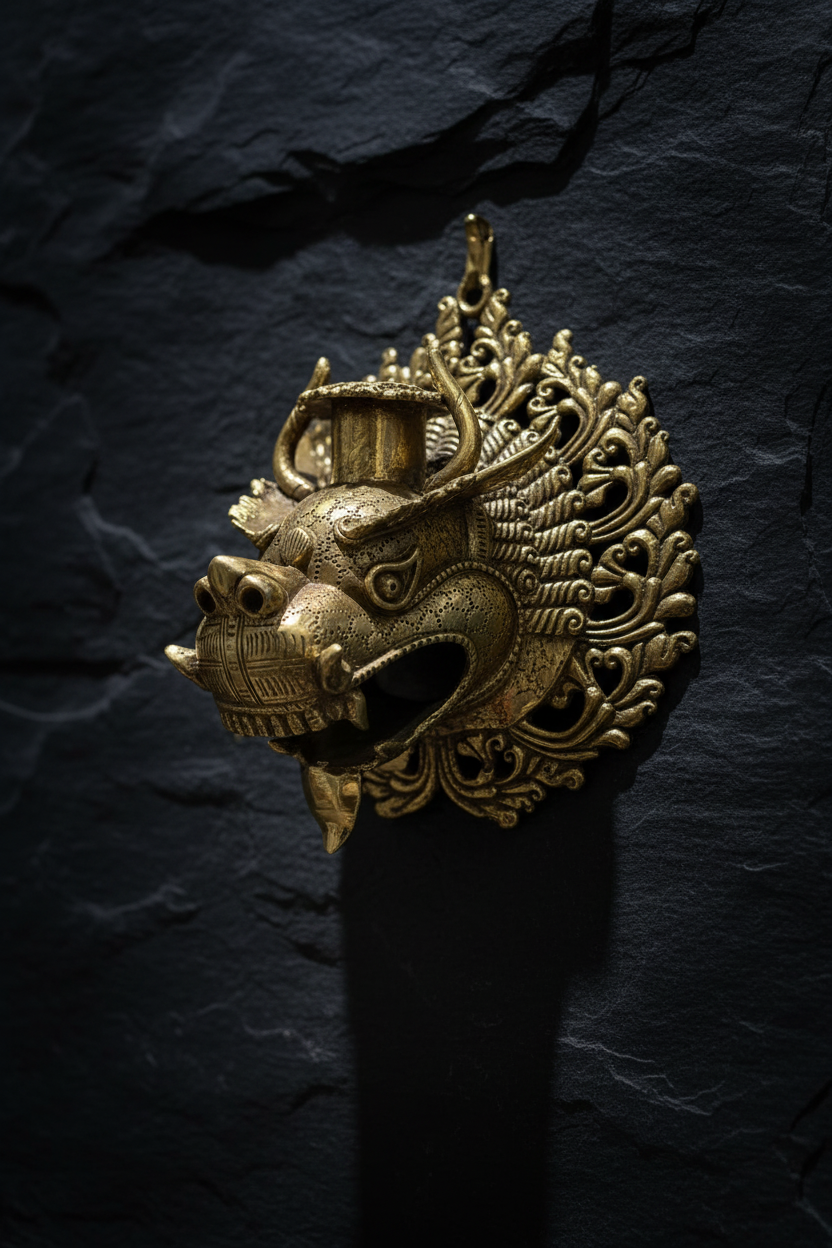 6" Brass Dragon Head Candleholder | Set of 2 | Antique Gold Wall-Mount | Openwork Scroll Mane | Himalayan Sacred Dragon | Altar & Home Decor