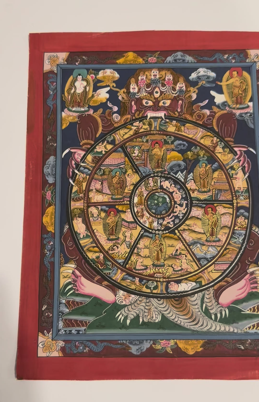 Unframed Vintage Tibetan Wheel of Life Thangka | Bhavachakra | Red Palette | Hand-Painted | 28 × 22 cm