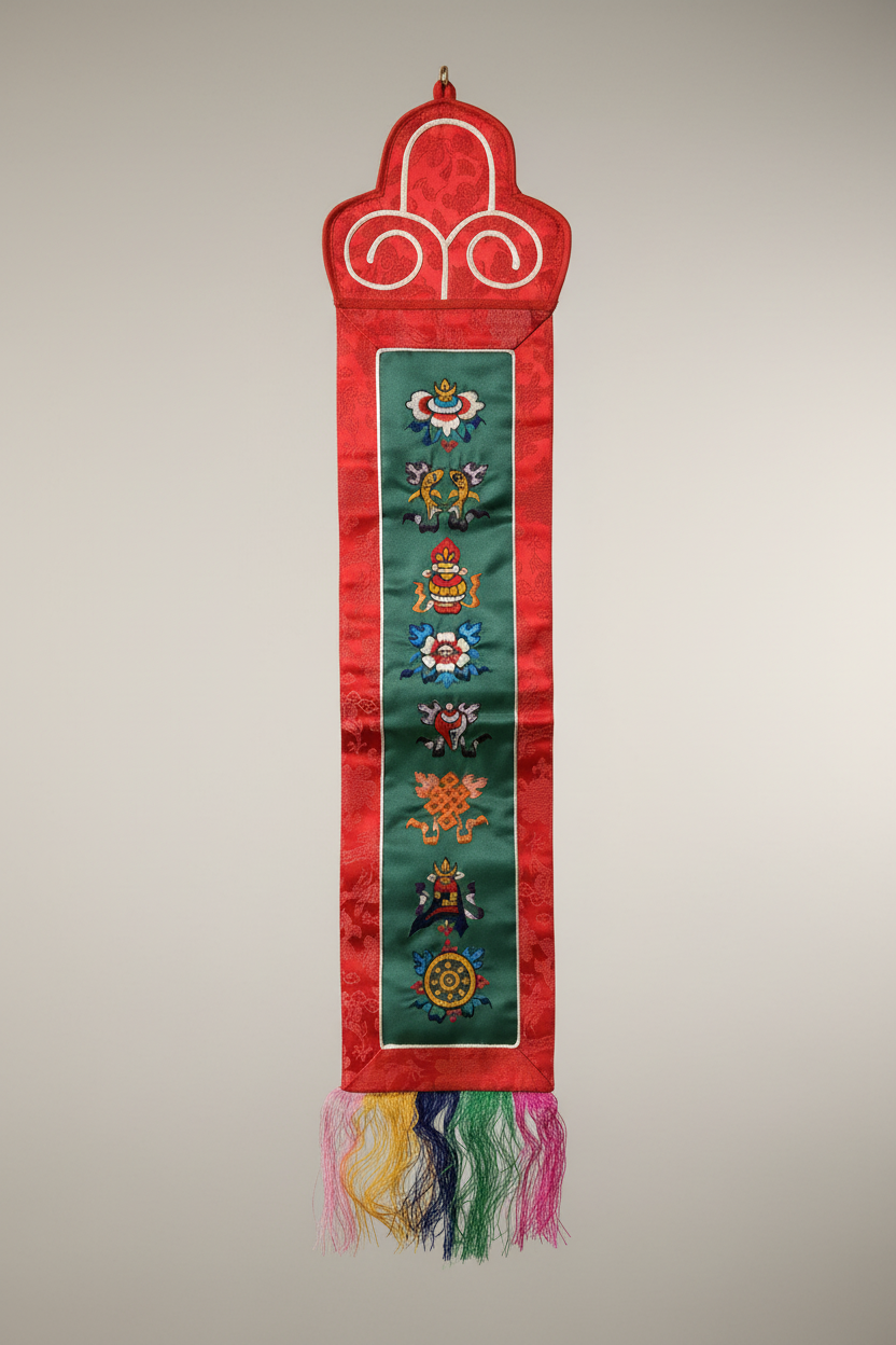 100% Silk Tibetan Buddhist 8 Lucky Symbols Wall Hanging Banner (19" x 5.5")