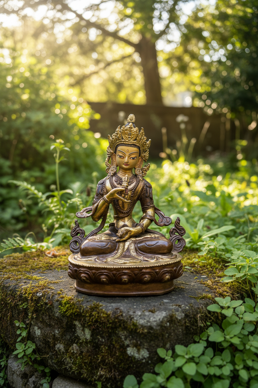 8" Vajrasattva Statue | Gilt Bronze & Copper Nepalese Buddhist Sculpture | Vajra & Bell | Ornate Crown | Purification Deity Altar Piece