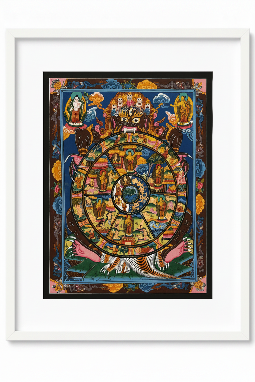 Wheel of Life Thangka v2 – White Frame Tighter Crop